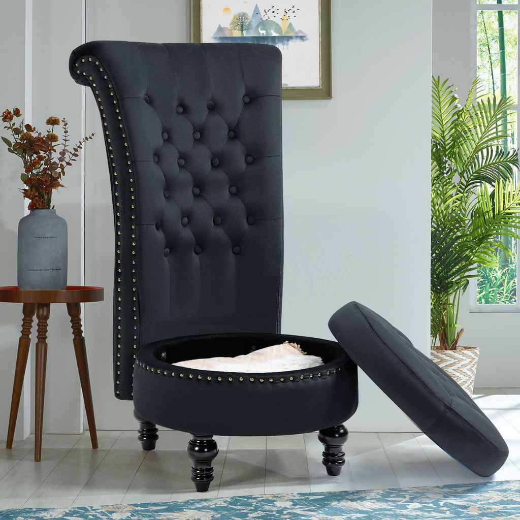 High Back Throne Chair with Storage, Black Velvet Royal Accent Chair