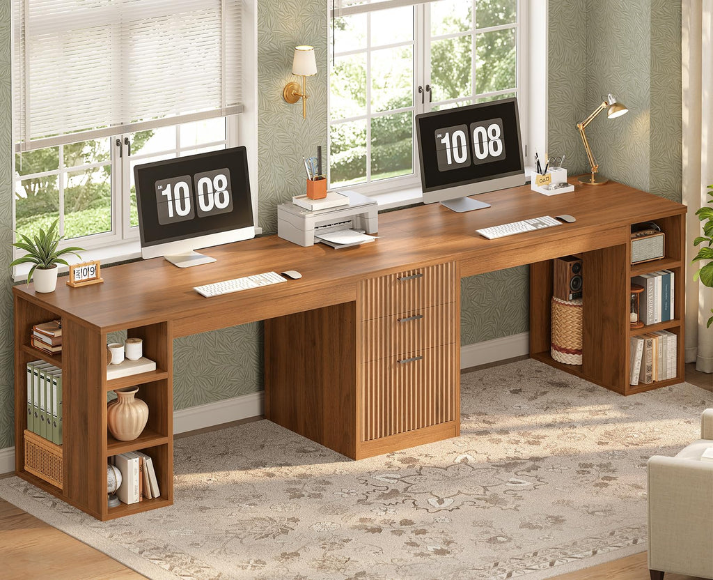Fluted 96.5" 2 Person Computer Desk with Storage Drawers