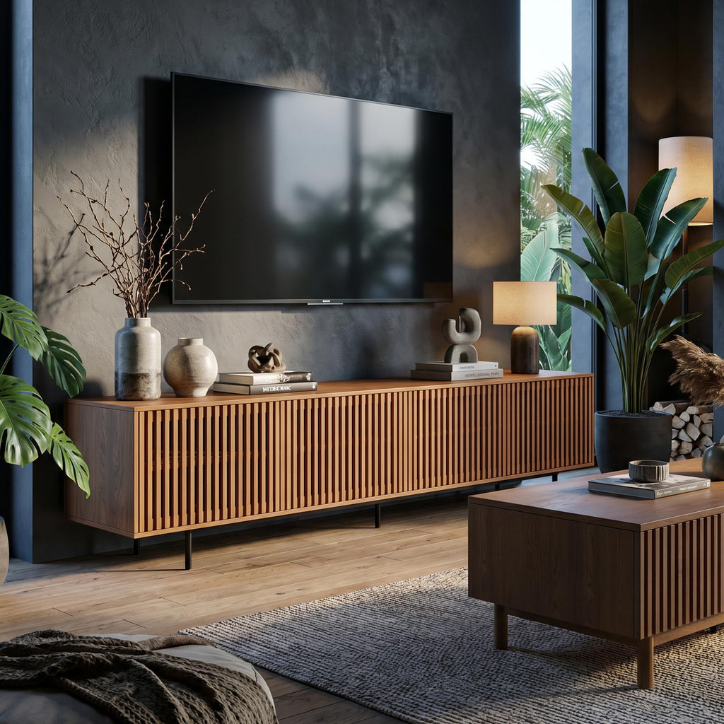 86.61" TV Stand with Slatted Doors, Media Console for 75+ TVs