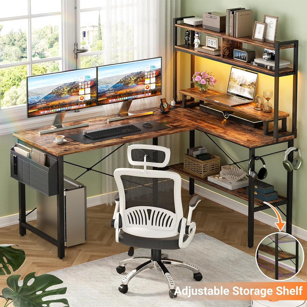 L Shaped Gaming Desk with Power Outlets & LED Lights, Rustic Brown | Small L- Shaped Desk Computer Corner Desk with