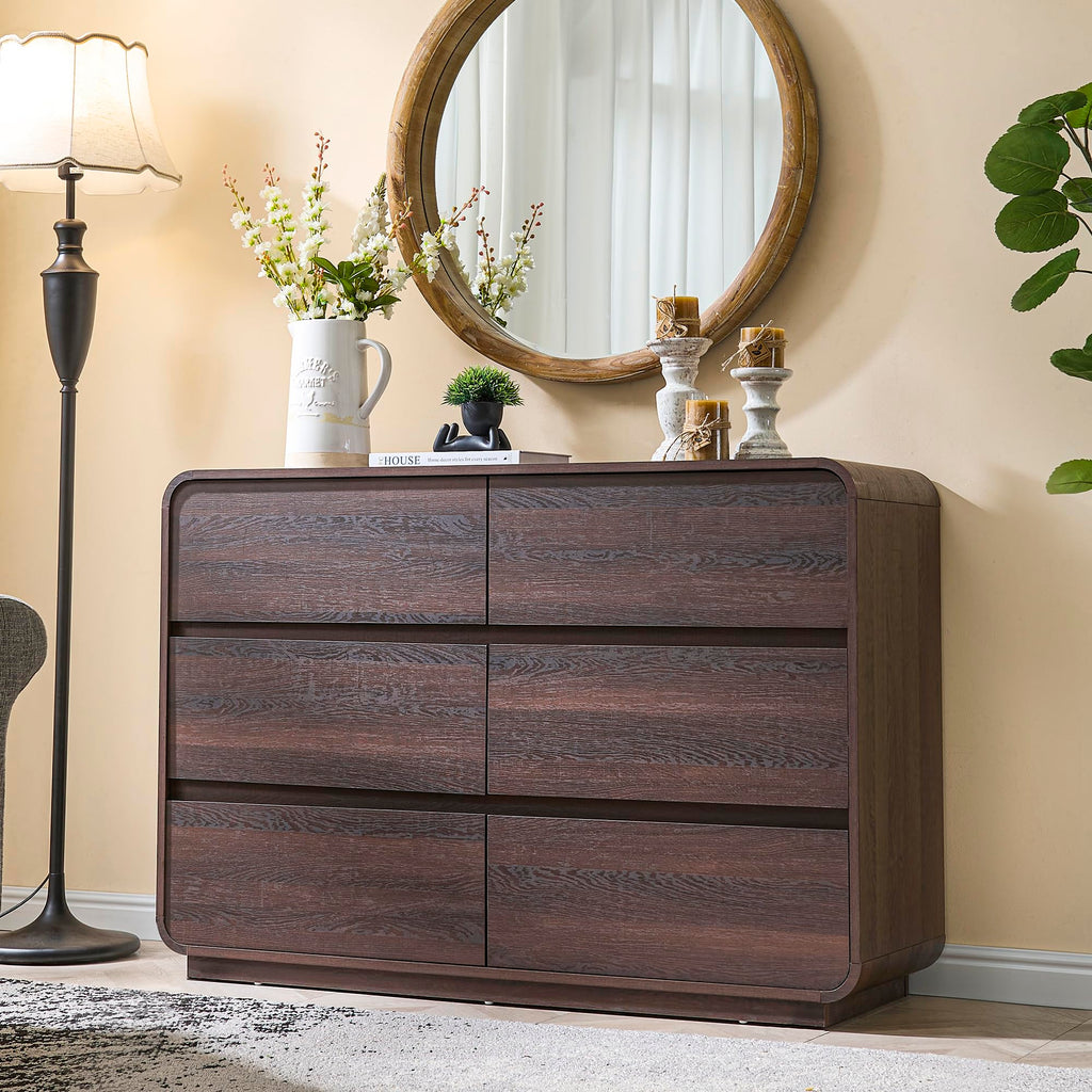 Walnut 6 Drawer Dresser, Curved Chest of Drawers, 47 Inch Wide Dresser with Deep Drawers, Modern Drawer Closet s