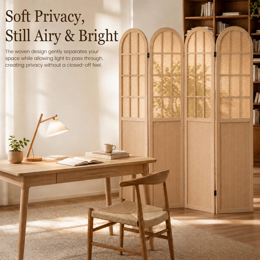 4 Panel Room Divider Privacy Screen Bamboo Wood Light Brown