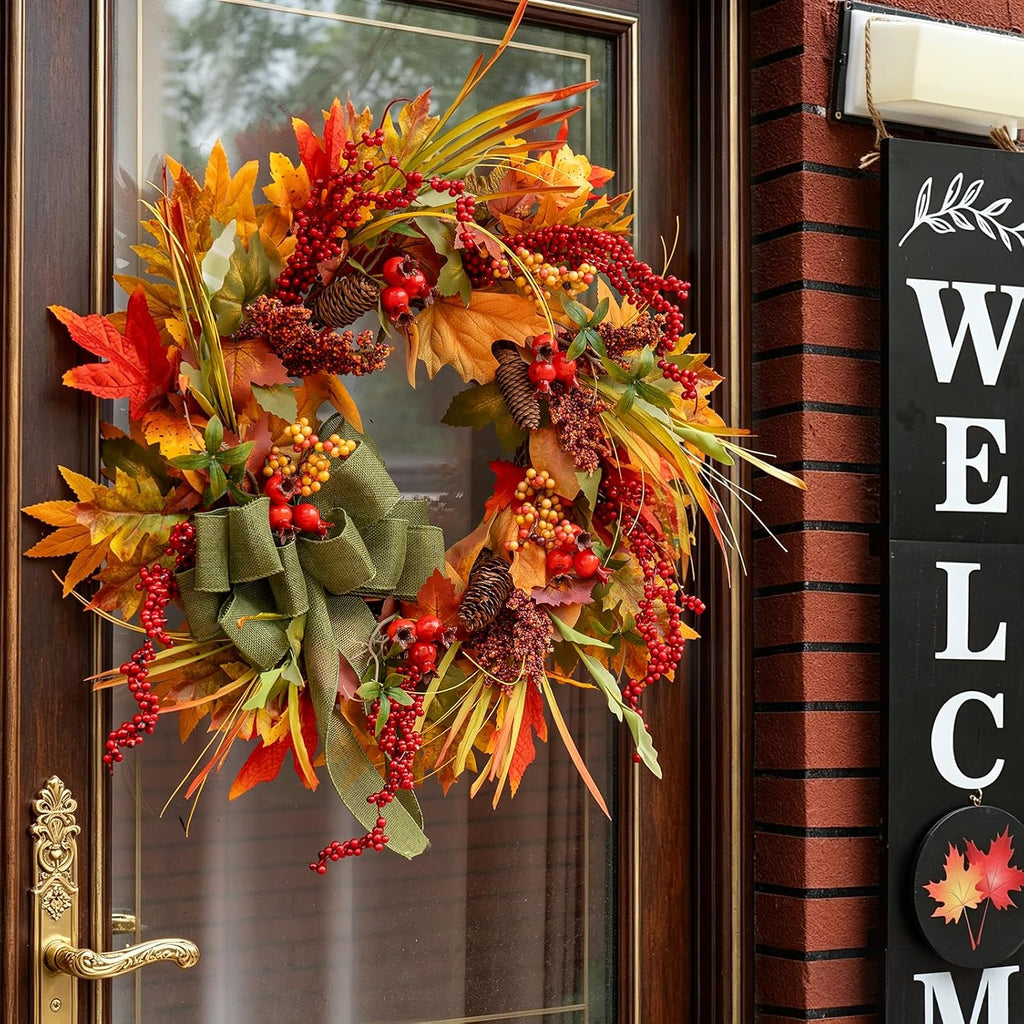 24 Inch Artificial Silk Harvest Fall Wreaths for Front Door with Green Bow