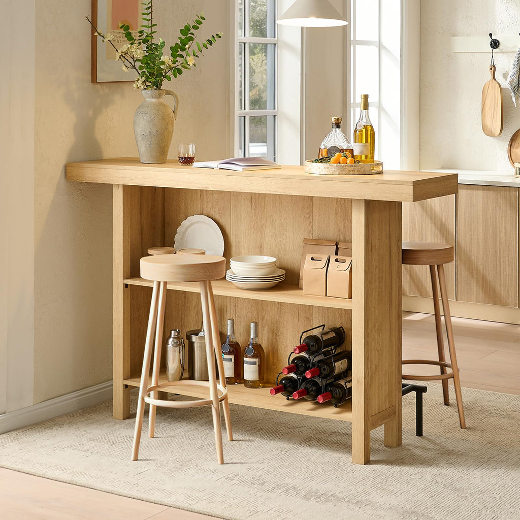 63-Inch 2-Tier Bar Table with Footrest, Oak