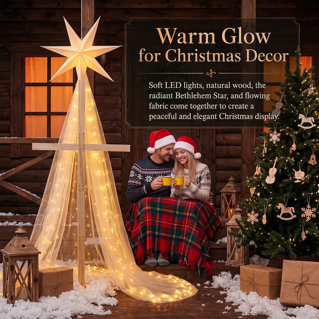5 Pcs Lighted Christmas Nativity Scene Decorations Set with 5.09Ft Wooden Cross Bethlehem Star Gauze Curtain LED