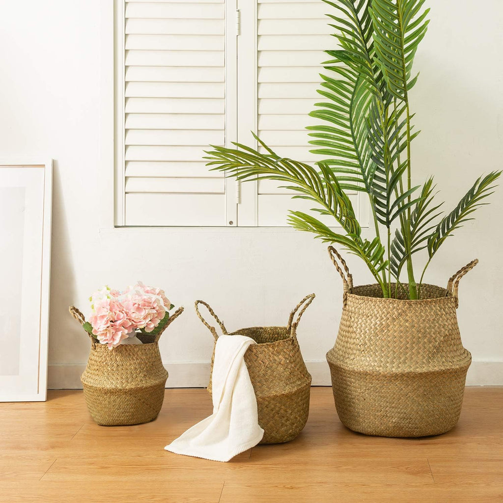 Seagrass Belly Basket, Set of 2 Woven Plant Pot Holder Handmade Home Decor for Storage Plants Picnic Grocery