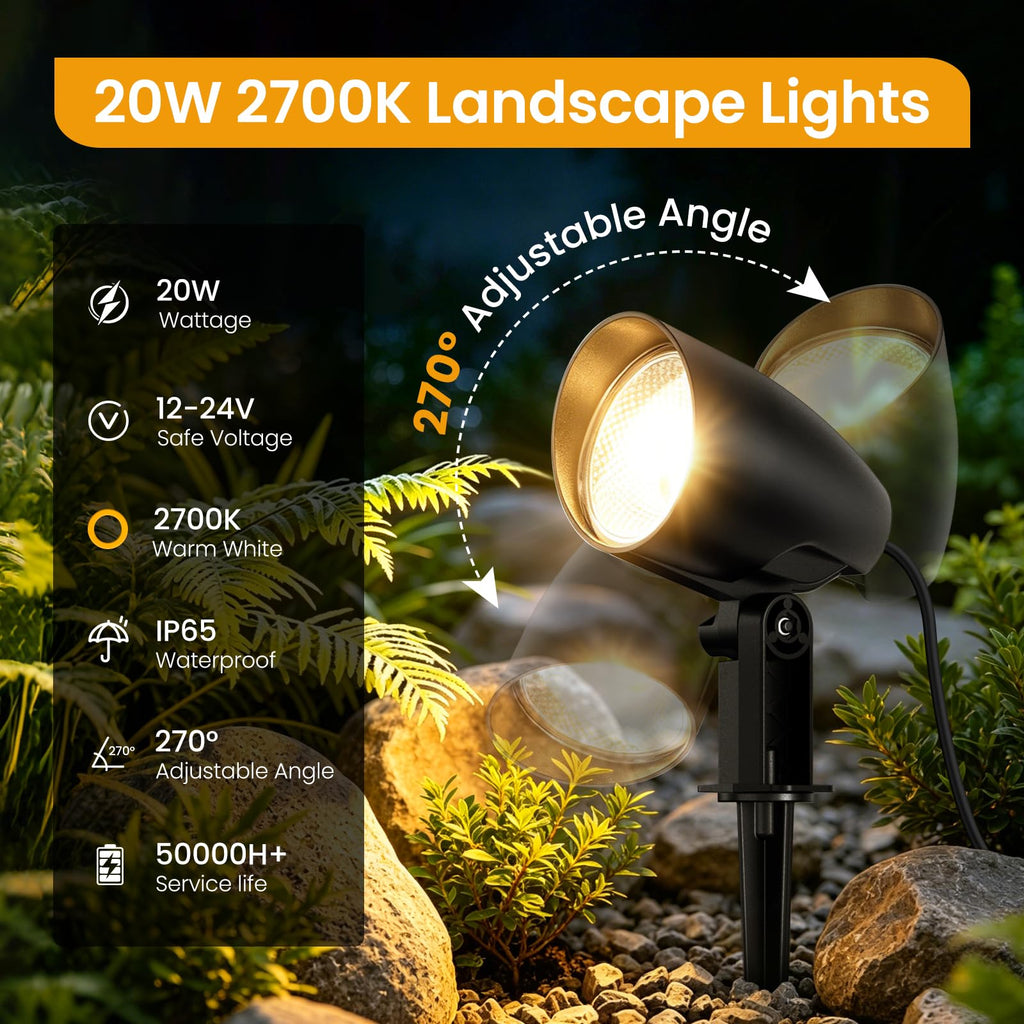 20W Low Voltage Landscape Lighting Kit, 2700K Outdoor Spotlight 6Pack