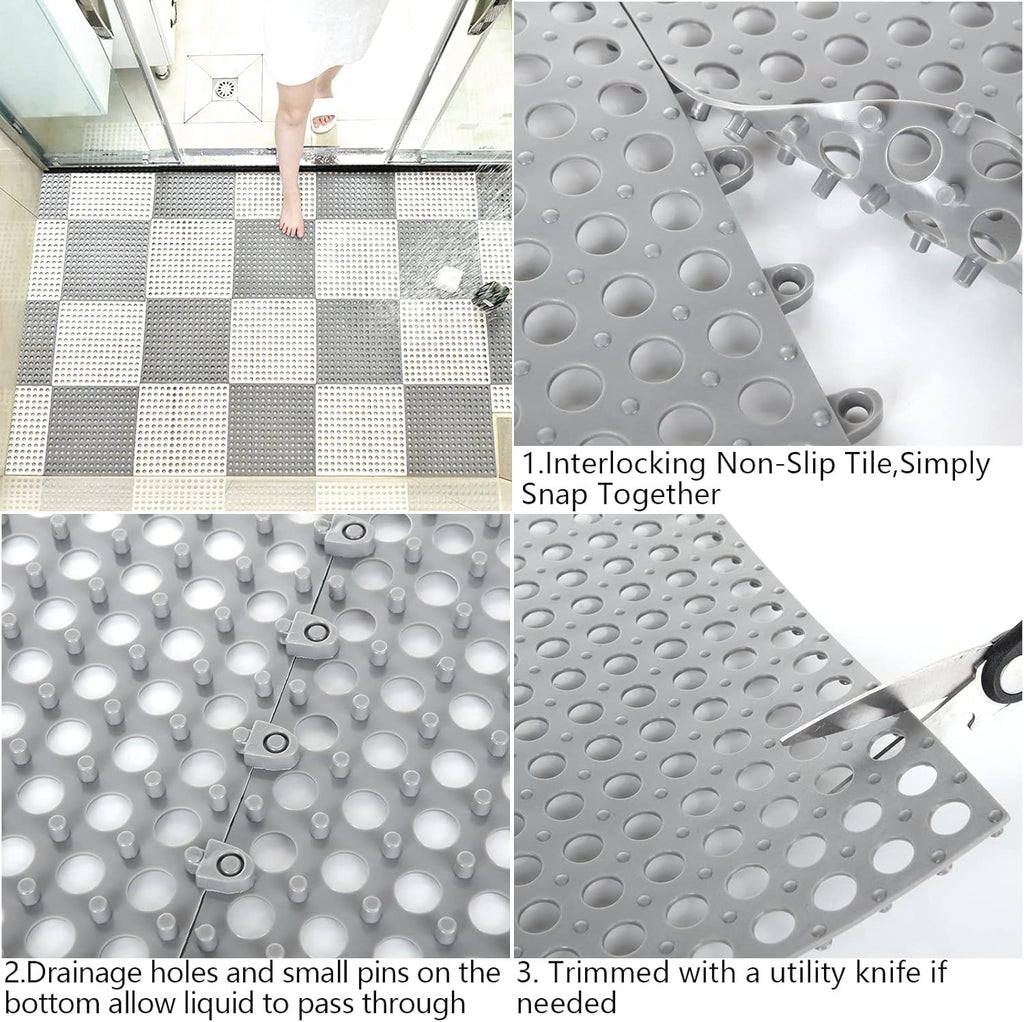 12 Pack 11.8" x 11.8" Interlocking Floor Tiles with Drain Holes Soft PVC Non Slip Shower Floor Mat Modular Interlocking