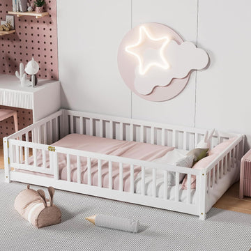 Twin Floor Bed for Children, Sturdy Wood Montessori Bed Frame with Wood Slats, Fence & Door, Montessori Floor Bed for