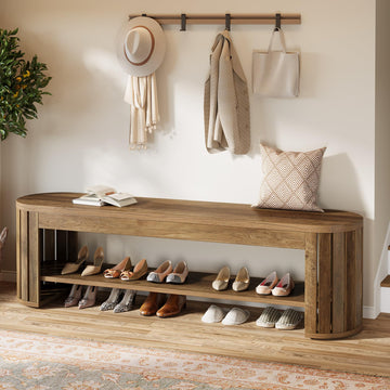63" Wooden Entryway Bench with Shoe Storage, Long 2-Tier Narrow Shoe Bench with Arc Vertical Slat Splicing Legs, End