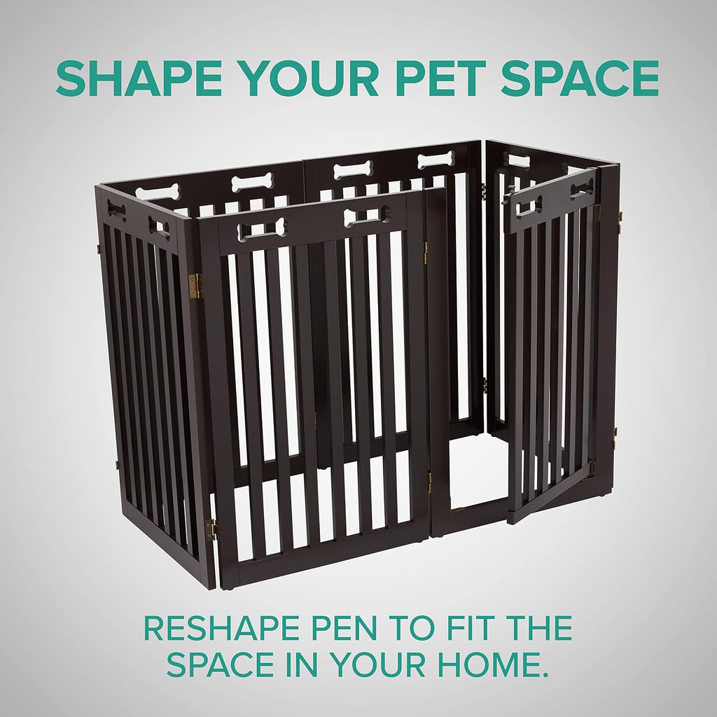Freestanding Dog Gate with Door, 6 Panel 360° configurable Wooden Fence, 120" Wide, 31.5" Tall, Foldable, Four