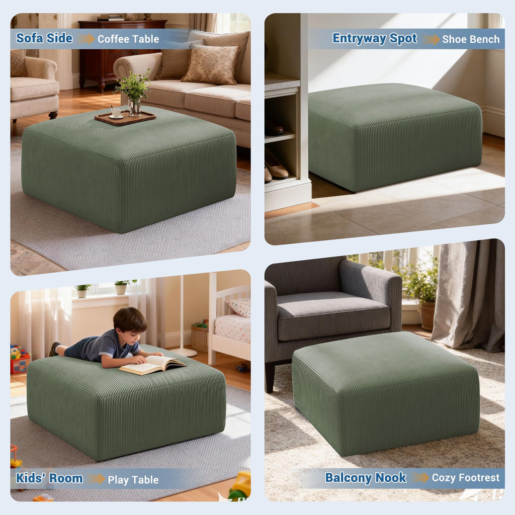 40" Oversized Square Corduroy Ottoman, Large Ottoman Pouf Footstool, Green