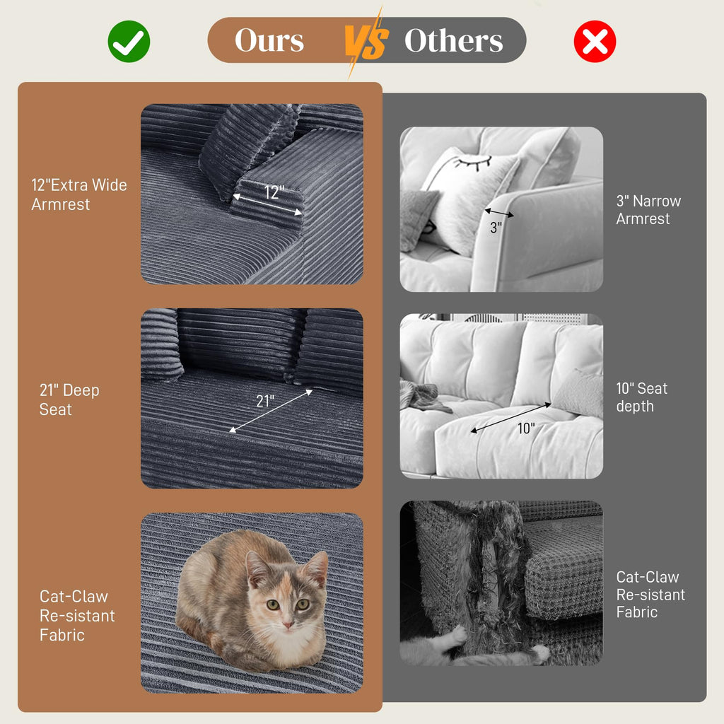 108" L Shaped Cloud Boneless Sectional Couches, Modern Comfy Modular Deep Seat Memory Foam Compressed Corduroy Sofa