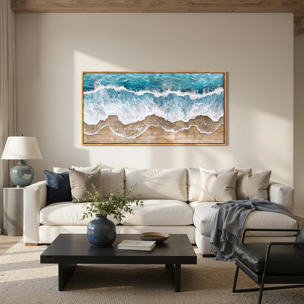 Coastal Wall Decor, Framed Abstract Ocean Wave Wall Art 24x48in