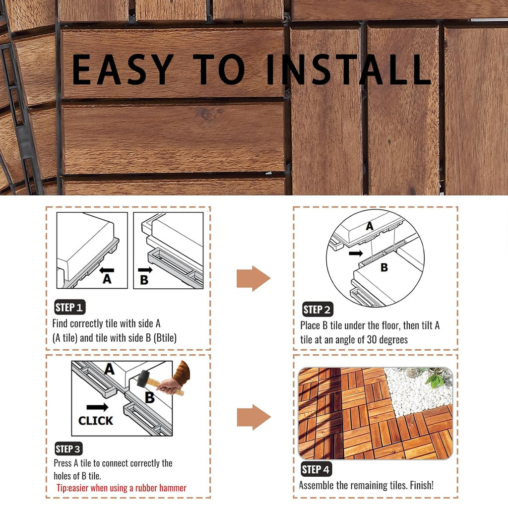 Deck Tiles - Pack of 10 Waterproof Acacia Wood Patio Tiles, Flooring Tile for Indoor and Outdoor - 12 x 12 inches