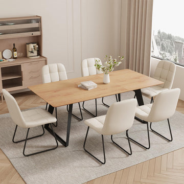 Modern Expandable Dining Table Set with 6 Leather Chairs | Oak Finish Extendable Wooden Table for Space-Saving