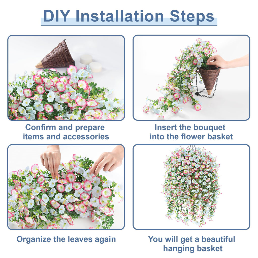 Artificial Hanging Flowers with Basket, 480 Blooms UV Resistant Faux Morning Glory Silk Plants, Fast & Easy Assembly
