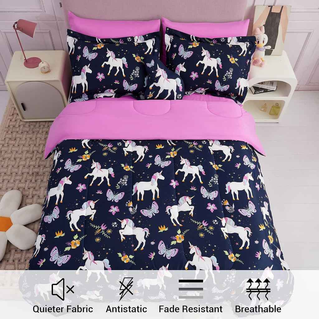 Kids Comforter Bed Set Twin for Girls, 6 Pieces Bed in a Bag with Shams, Sheet Set, Pink Unicorn Twin Soft Microfiber