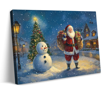Vintage Christmas Canvas Wall Santa Claus and Snowman Painting 19th Century London New Year's Eve Street Scene Poster
