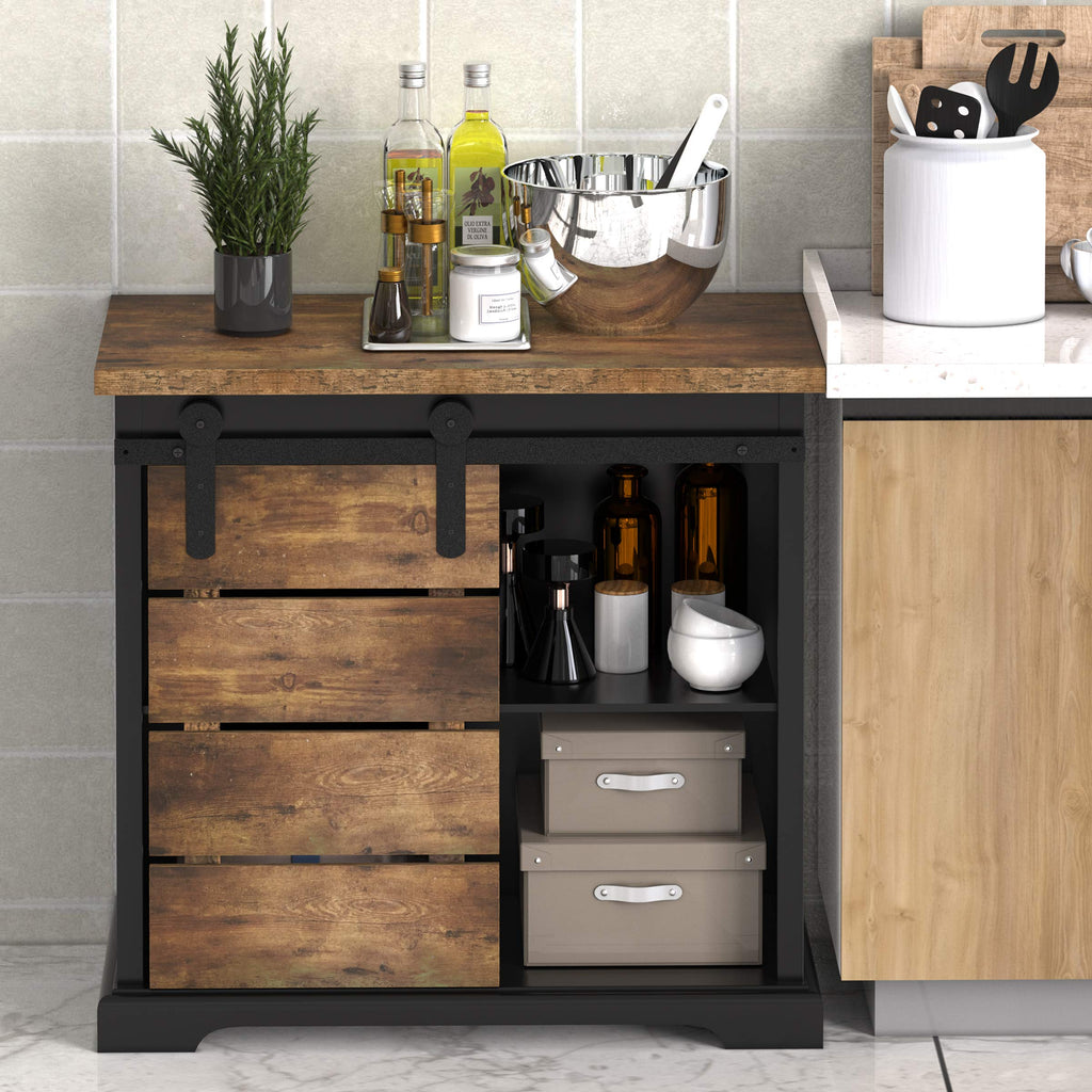 Sideboard Coffee Bar Cabinet, Modern Farmhouse Buffet Station Sliding Barn Door Storage Credenza Console with Slat and