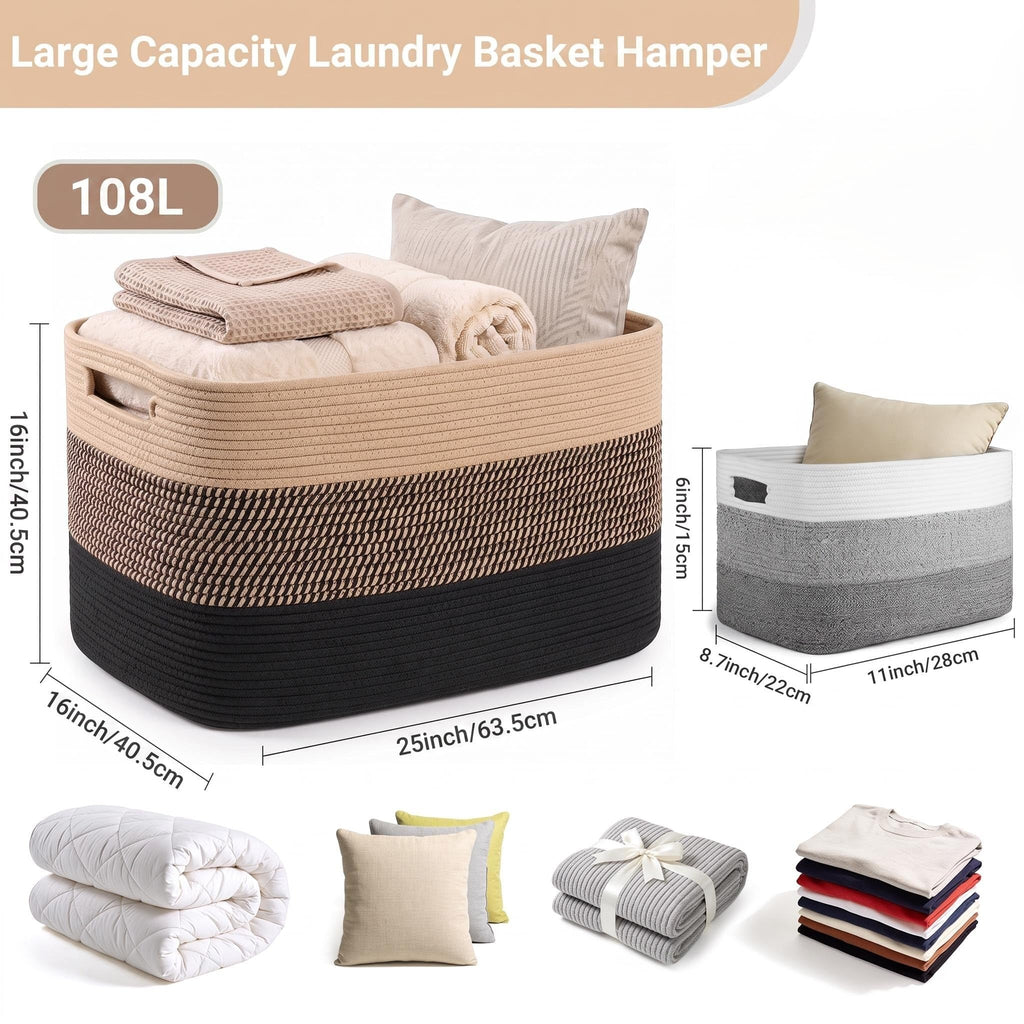 108L Extra Large Rectangle Laundry Hamper, Jute/Black, 25"x16"x16"