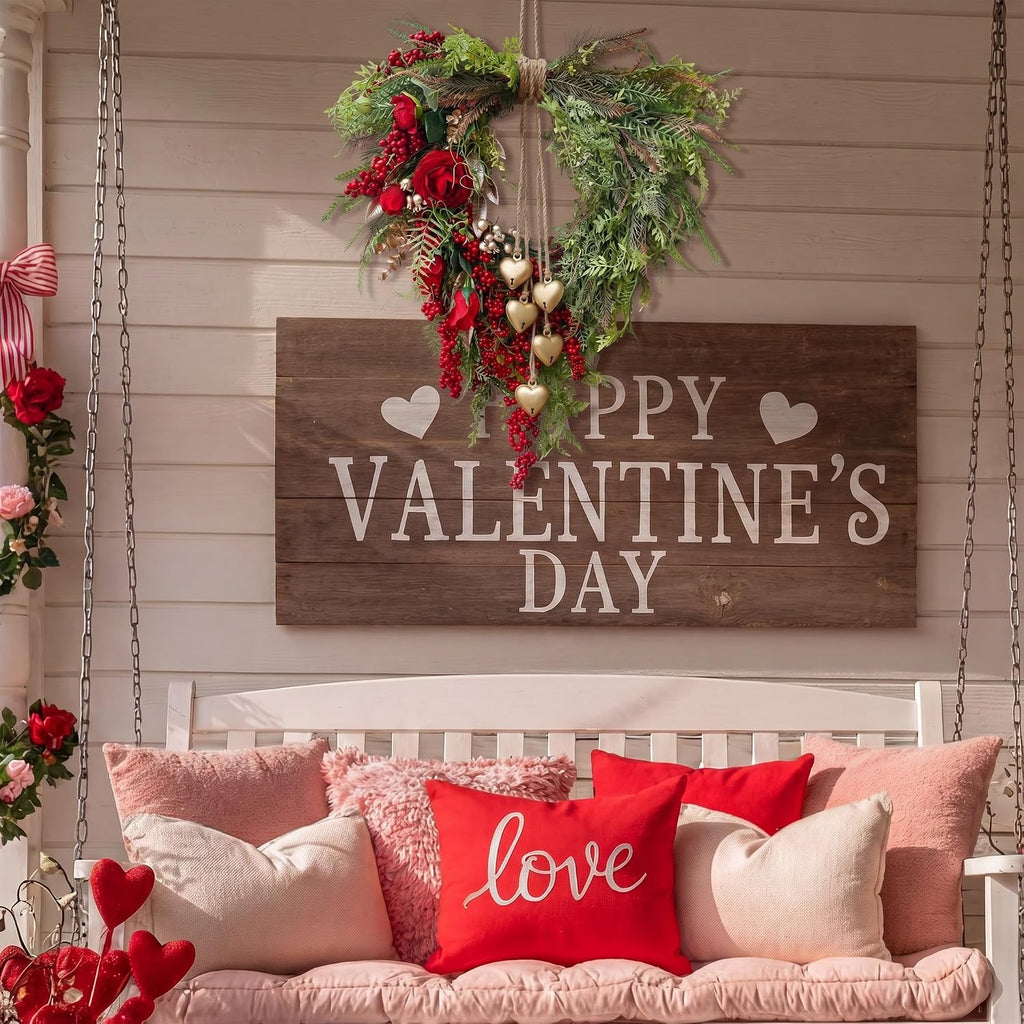 Vintage Spring Wreath 14'' Heart Wreath with 3D Heart Ornaments for Front Door 24'' Long Window Porch Home Wedding