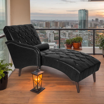 PU Leather Chaise Lounge Chair Indoor, Side Armrest, Black