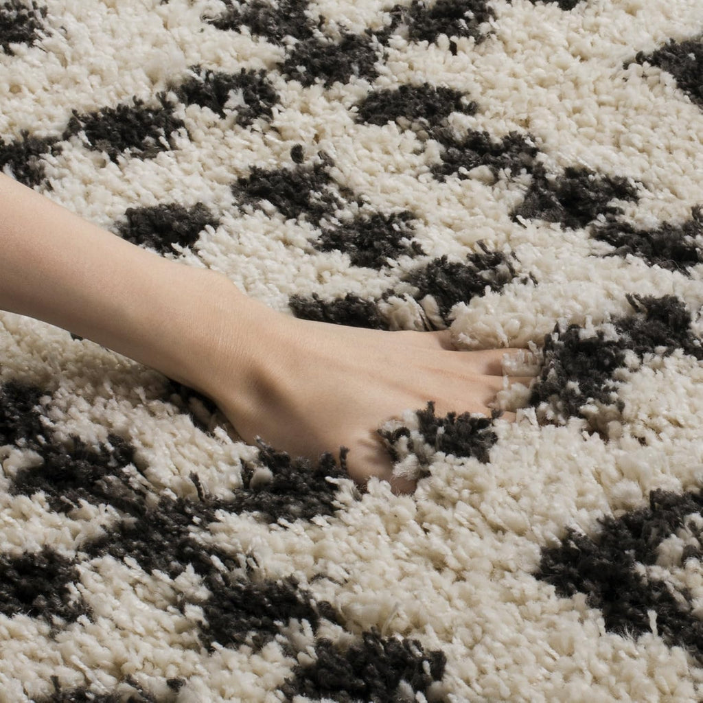 Moroccan Fringe Shag Collection Runner Rug - 2'3" x 9', Cream & Charcoal, Boho Tribal, Non-Shedding & Easy Care