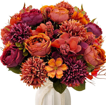 Bundles Fall Artificial Flowers Bouquet Fake Peony Silk Chrysanthemums Autumn Faux Floral Arrangements Decor Indoor - Set of 2