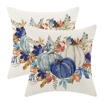 Fall Decor Pillow Covers 20x20 Inch Pack of 2, Blue Pumpkin Leaves Throw Pillow Covers Outdoor, Autumn Thanksgiving