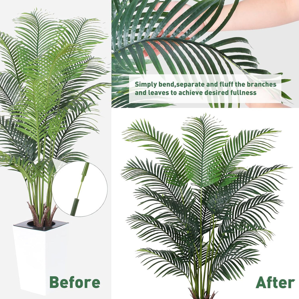 Artificial Palm Tree with White Tall Planter, 6ft Tall Potted Artificial Silk Palm Tree Plant, Fake Tropical Plant