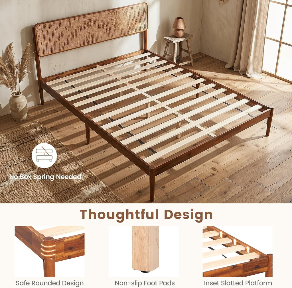 Rattan Queen Bed Frame, Boho Wood Platform Bed with Wicker Headboard, Wooden Mattress Foundation & Support Slats