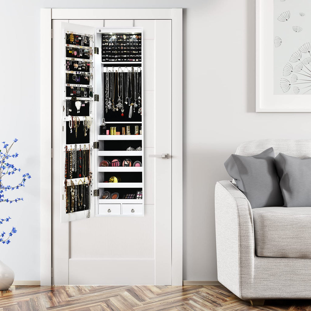 Wall Mounted Jewelry Armoire with Full Length Mirror & 2 LED Lights, Large Storage Capacity, Lockable Mirror Jewelry