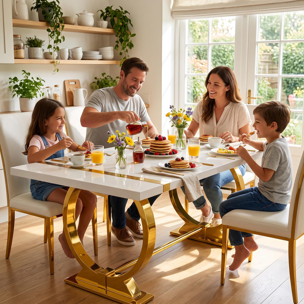60" White and Gold Dining Table with Stainless Steel U-Base for 4-6