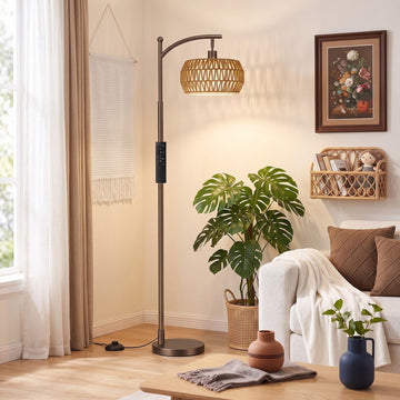Arc Floor Lamp with Remote & Rattan Double Shades, Brown Bohemian