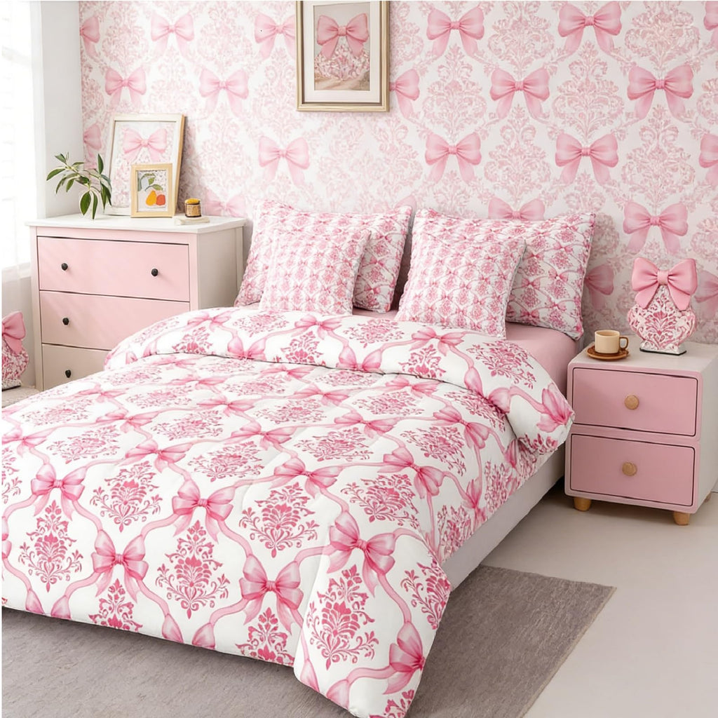 Pink Bow Decor Victorian Twin Comforter Set with Sheets | Antique Damask 7-Piece Bedding Set Gothic Baroque Floral