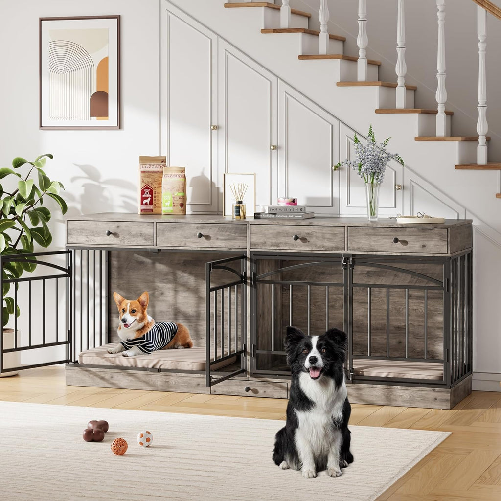 Dog Crate Furniture for 2 Dogs, Dog Kennel Indoor with 4 Storage Drawers and Feeding Bowls