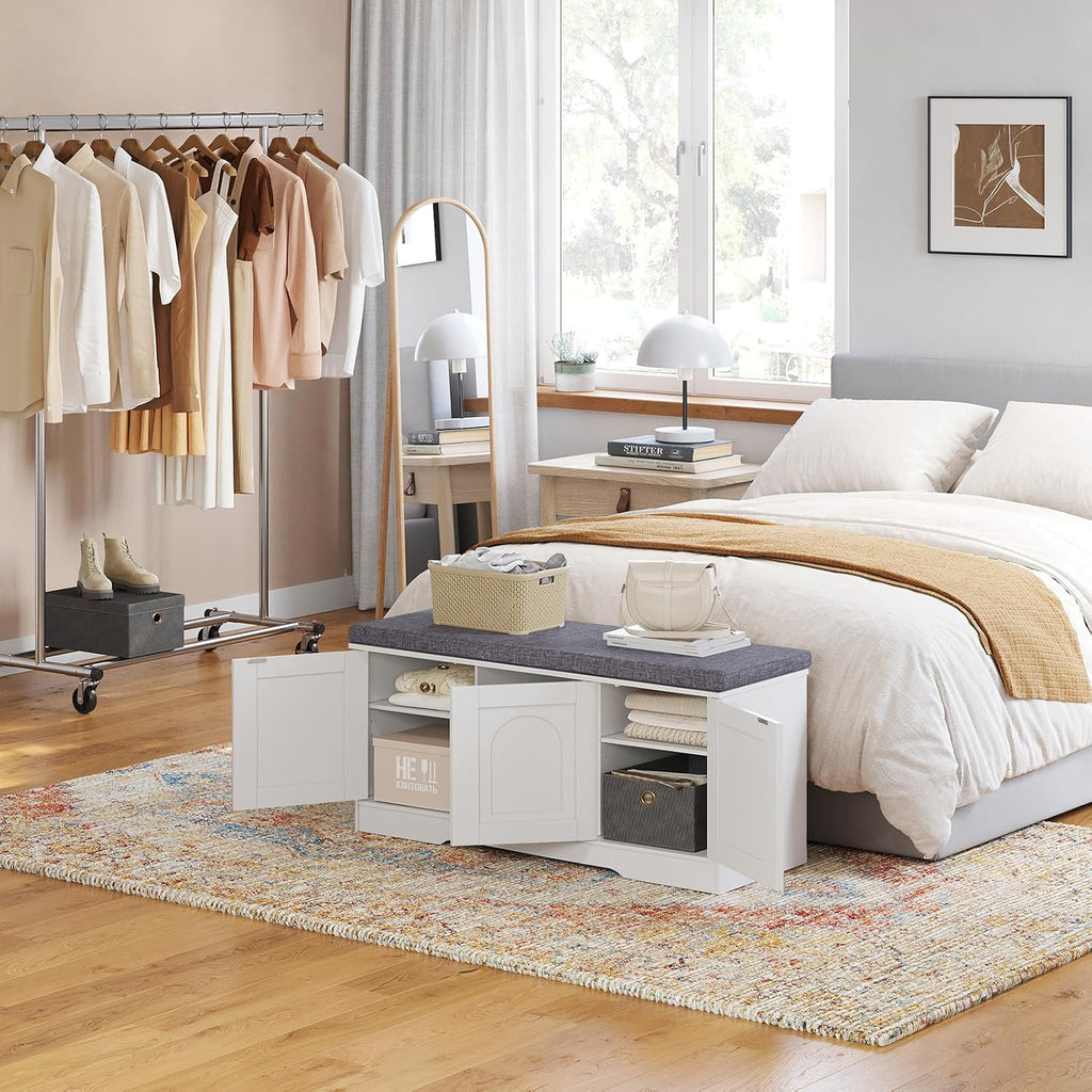 Shoe Storage Bench with Cushion, Door, White 39.4" LX17.7 H | Entryway Bench, 2-Tier Cabinet Bench, Widened Cubby