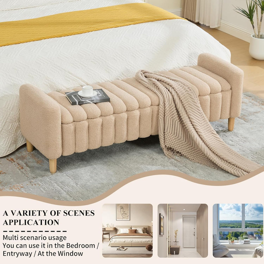 63.5" Oversize Storage Ottoman Bench, Teddy Upholstered End of Bed Bench with Wave Channel Tufted Flip-Top, Modern