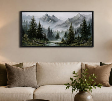 Framed Misty Forest Mountain Landscape Canvas Wall Art 16x32 Inch