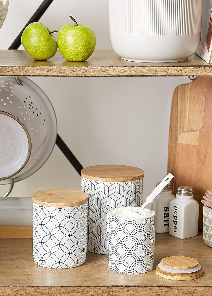 Kitchen Ceramics Collection, Canister Set, Mixed Print, White/Black - Set of 3