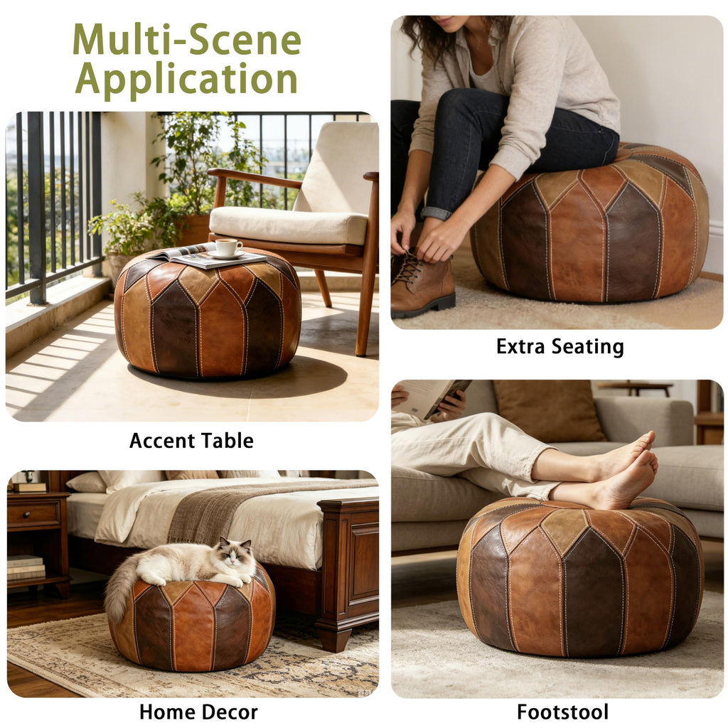Round Unstuffed Pouf Cover, Faux Leather Storage Ottoman, Boho Moroccan Foot Stool, Multi-Purpose Home Decor and
