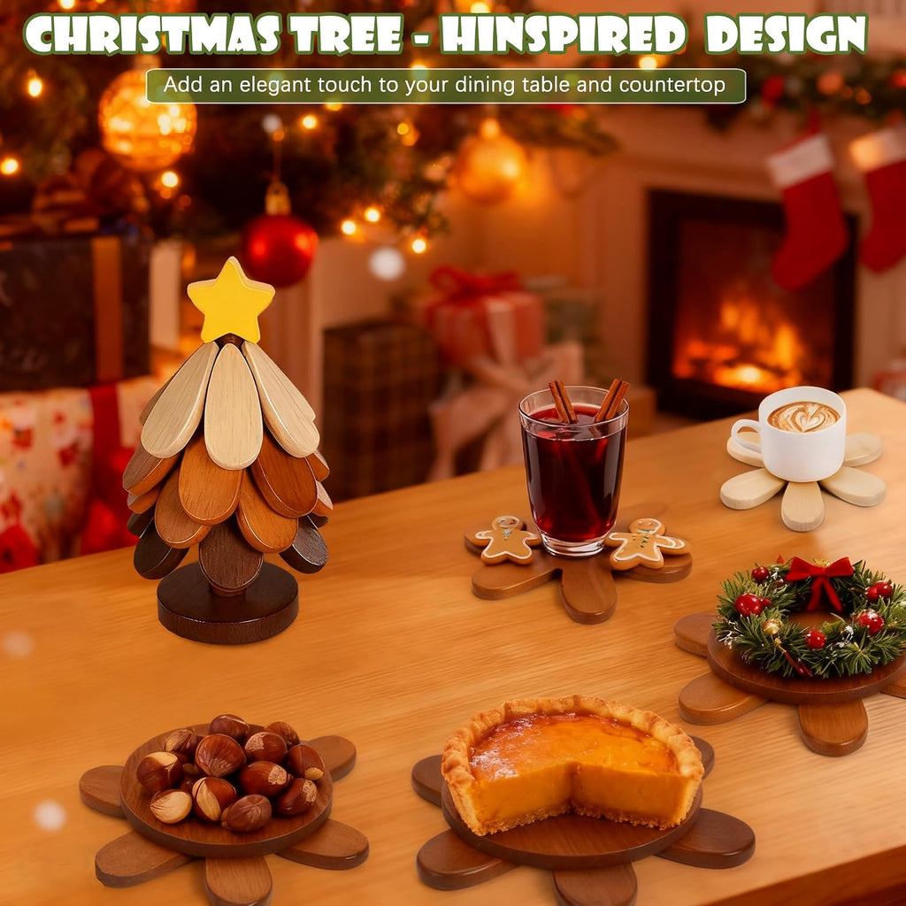 Wooden Christmas Tree Trivet + Stand - Set of 5