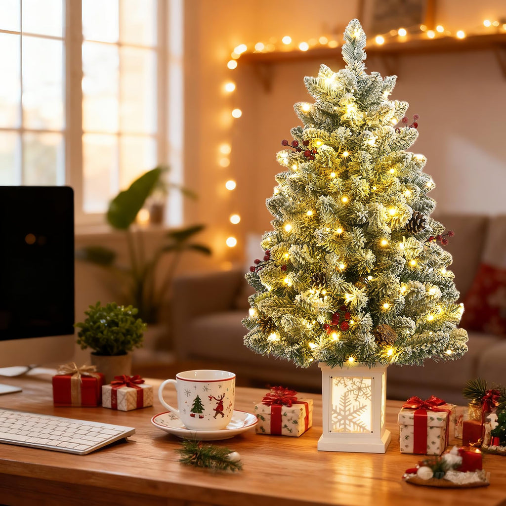 3 Ft Pre-Lit Christmas Tree, Frosted Artificial Christmas Tree with 78 Led Lights, 8-Mode Battery Box, Timer