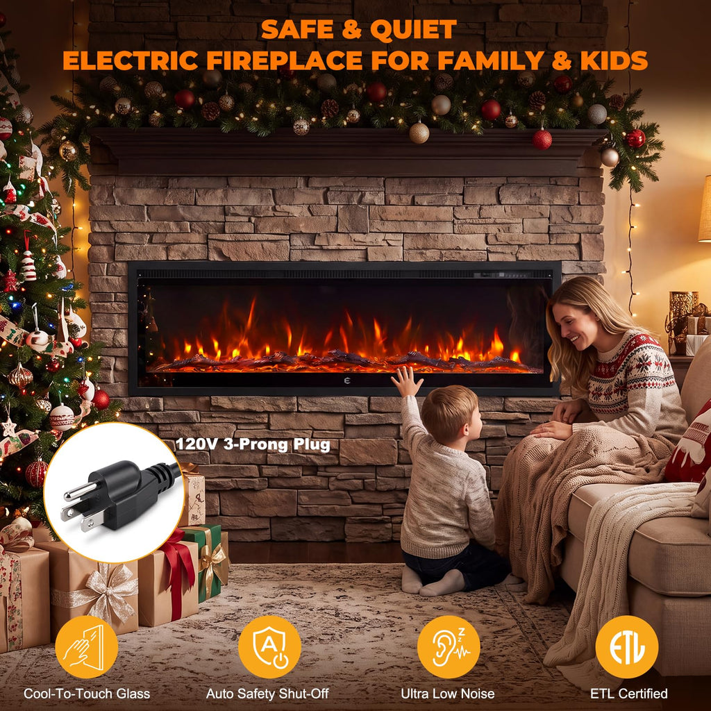 50 Inch Smart Electric Fireplace Insert Recessed and Wall Mounted