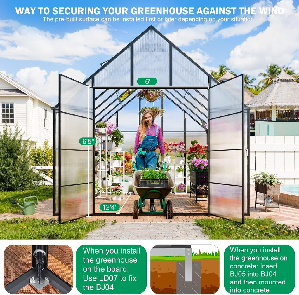 12.4x10.2x10 FT Greenhouse for Outdoors,Easy Assembly Large Polycarbonate Greenhouse Aluminum Heavy Duty Greenhouses