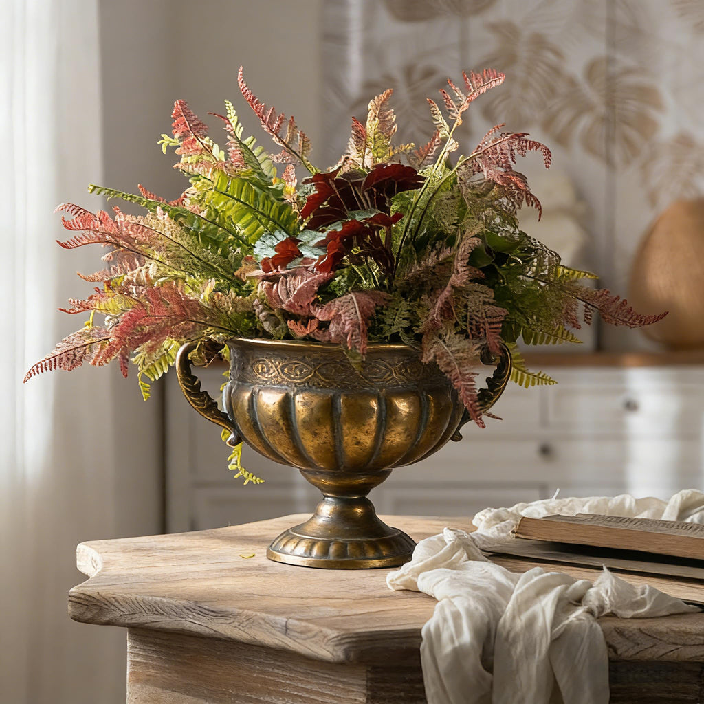 Vintage Gold Urn Planter, Embossed Shabby Chic Iron Flower Pot, 13.6"x8.5"