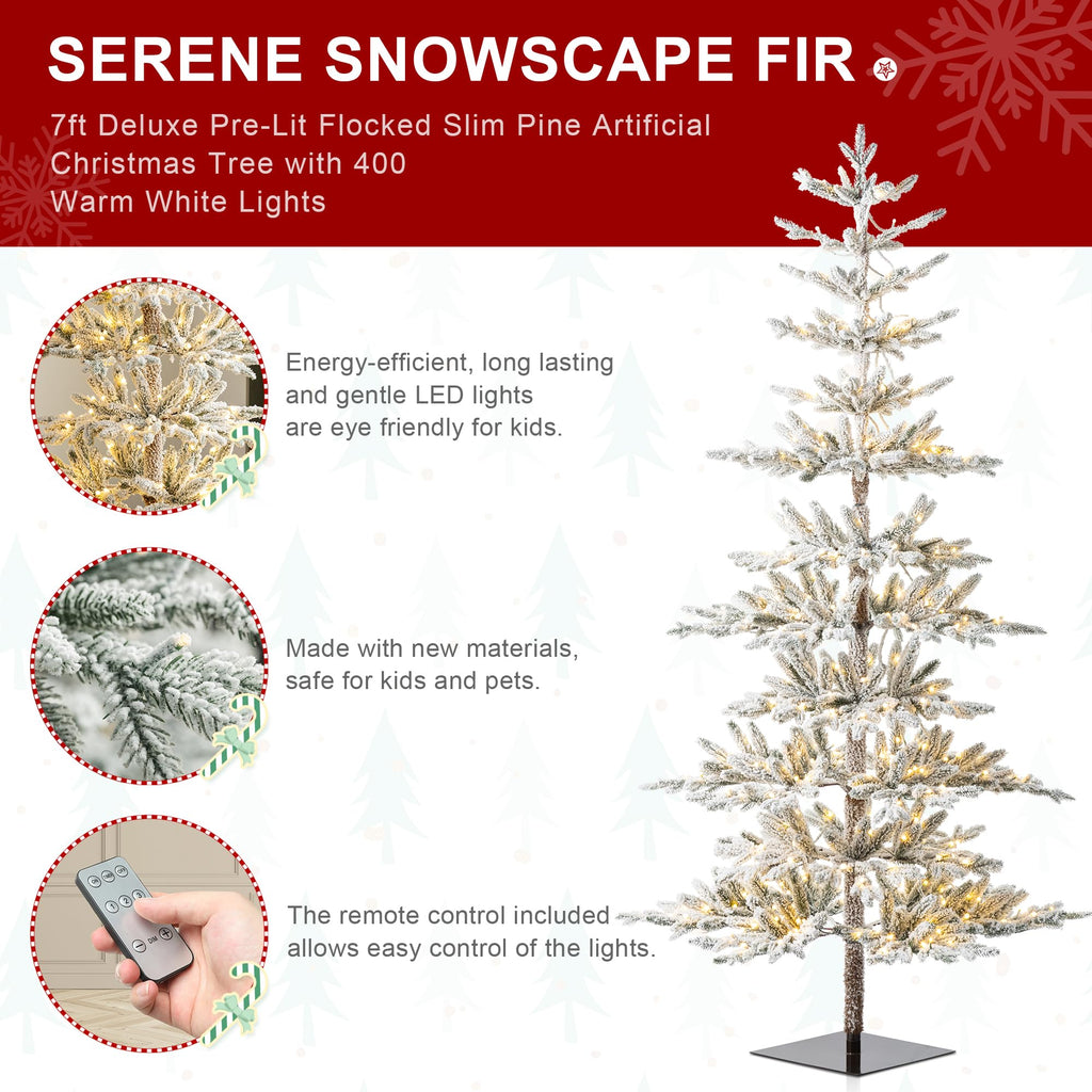 7ft Deluxe Pre-Lit Flocked Artificial Christmas Tree Serene Snowscape Fir, Party Decoration with 400 Warm White