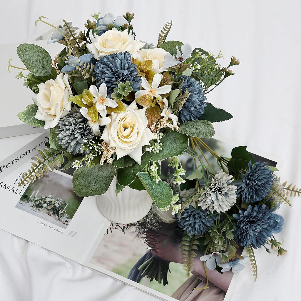Artificial Mum Flowers 12 Bundles Silk Chrysanthemum Flowers Fake Roses Peonies with Eucalyptus, Realistic Faux