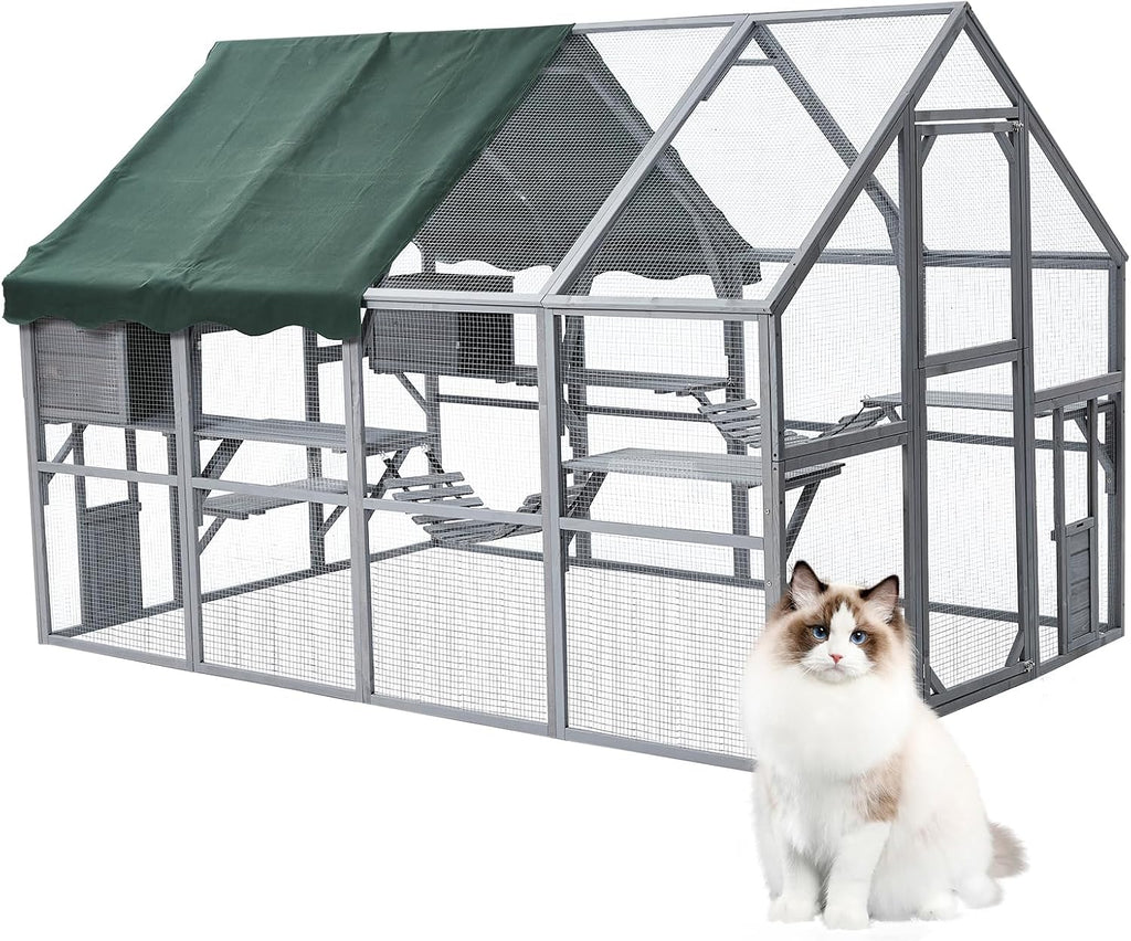 Large Wooden Outdoor Catio Cat Enclosure 110 Inch Weatherproof Walk-in Cat House with Resting Boxes & Bridges